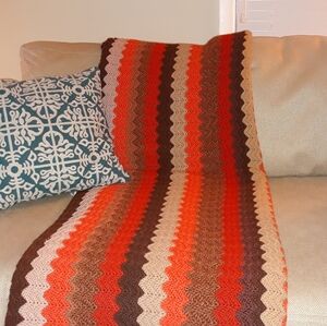 Handmade 70s Large Vintage Afghan Throw Blanket Brown/Tan/Orange/Red